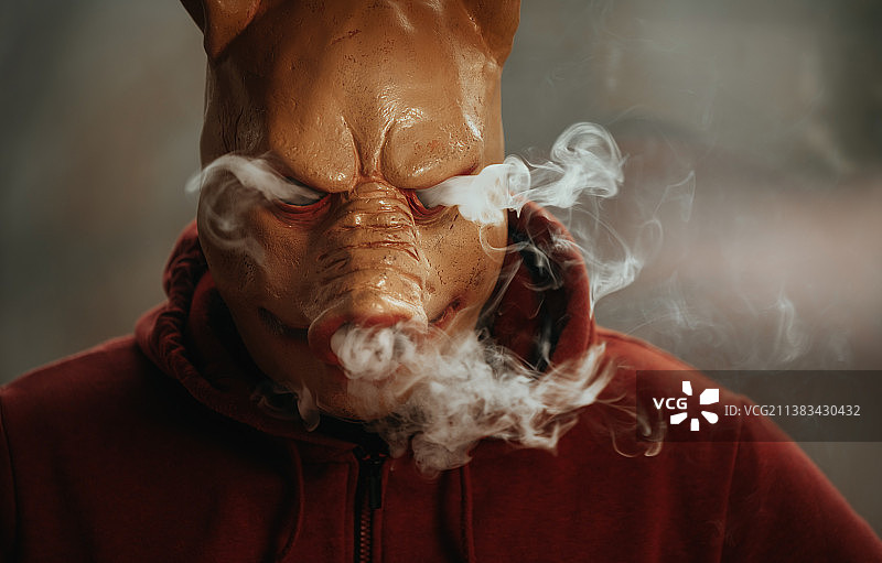 万圣节 - 戴着恐怖小猪面具并冒烟的男子图片素材