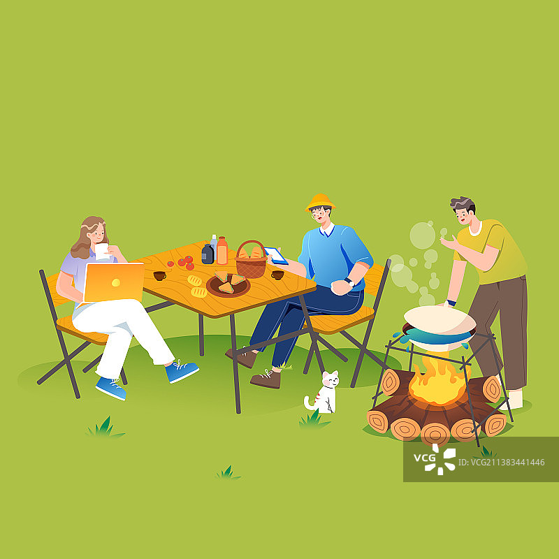 卡通夏季夏天大暑暑期露营帐篷野餐户外朋友社交玩耍娱乐休闲出游旅行电商促销网购出游旅游渐变矢量插画图片素材