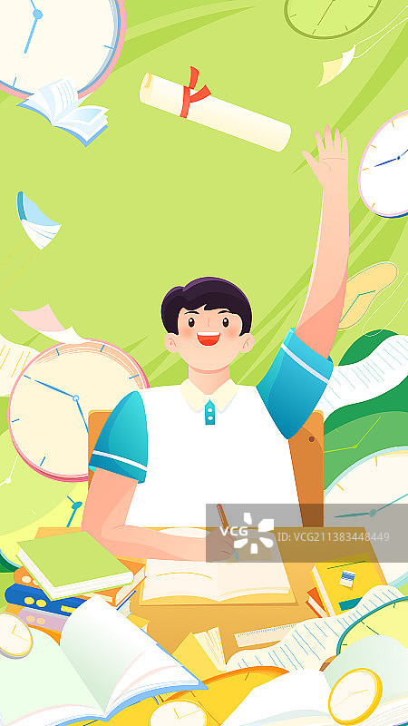 男孩在课桌前欢呼庆祝考试矢量插画海报竖图图片素材