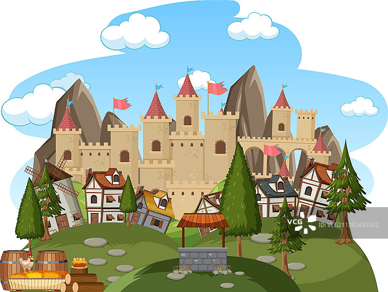 带城堡背景的中世纪村庄图片素材