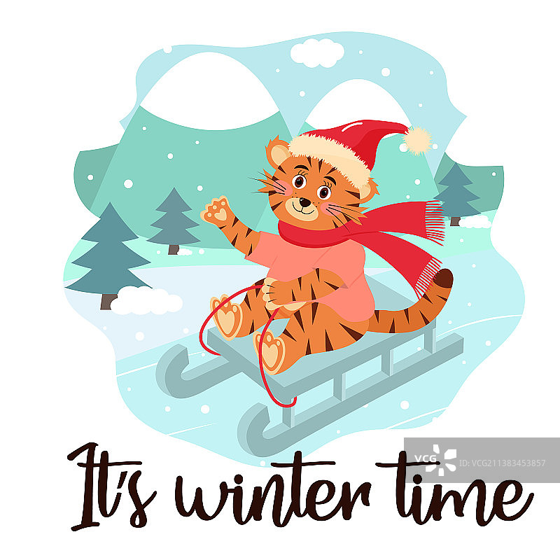 雪橇虎冬季贺卡图片素材