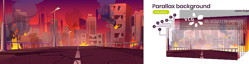 战火摧毁的城市视差背景图片素材