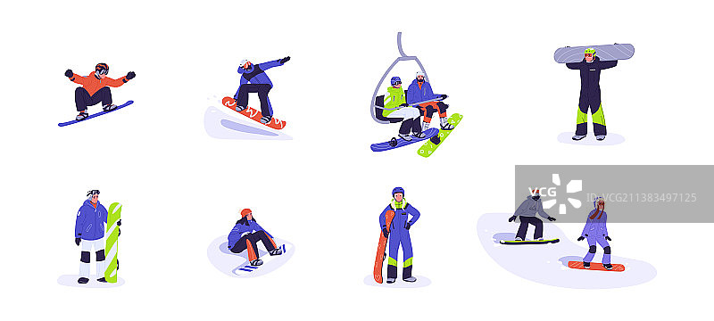 带着滑雪板的快乐成人和孩子们图片素材