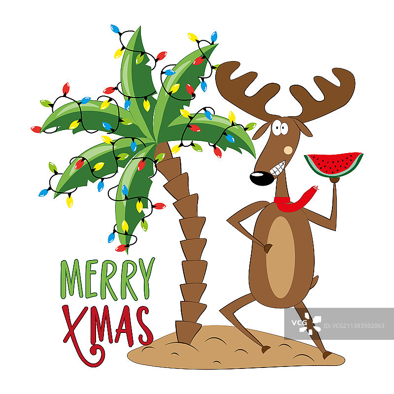 圣诞节岛屿棕榈树上的有趣驯鹿图片素材