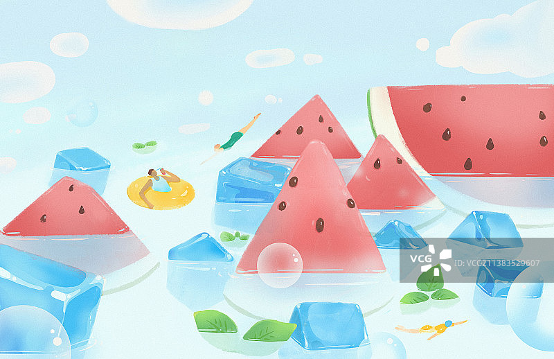 夏日的西瓜与游泳的孩子插画图片素材