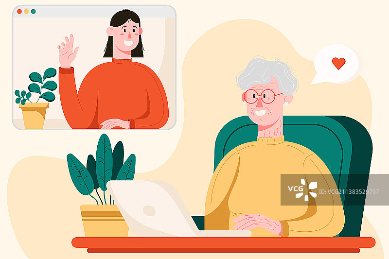 快乐的奶奶用笔记本电脑与人交谈图片素材