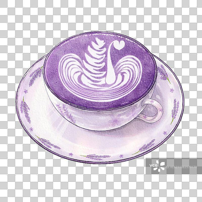 陶瓷杯薰衣草牛奶拿铁 天鹅拉花图片素材
