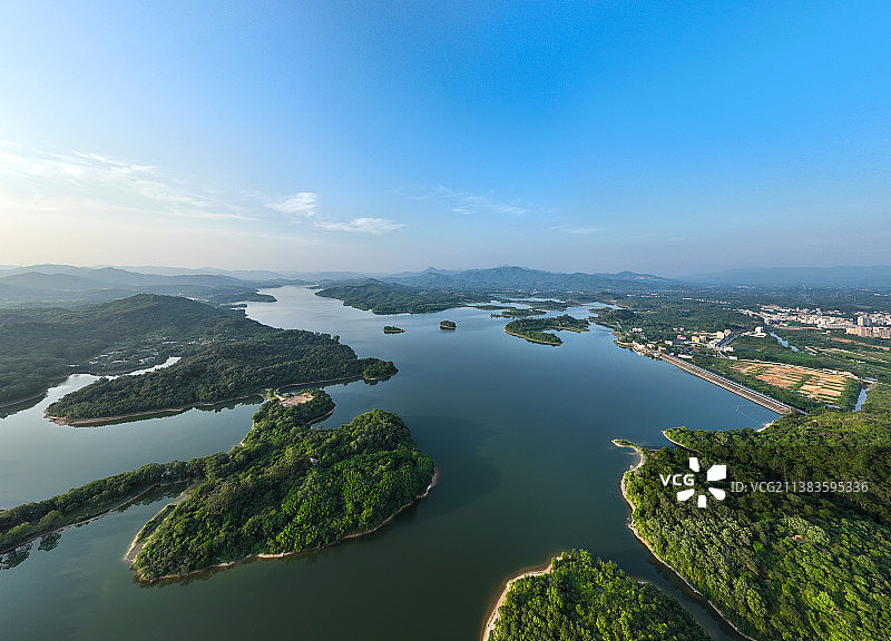 广东省惠州市博罗县湖镇凤安围显岗水库航拍图片素材