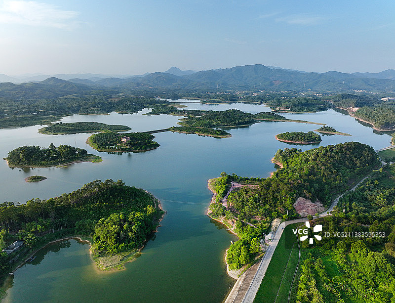 广东省惠州市博罗县湖镇凤安围显岗水库航拍图片素材