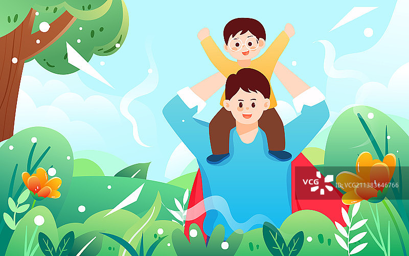 卡通儿童节父亲节亲子玩乐超人爸爸父爱插画图片素材