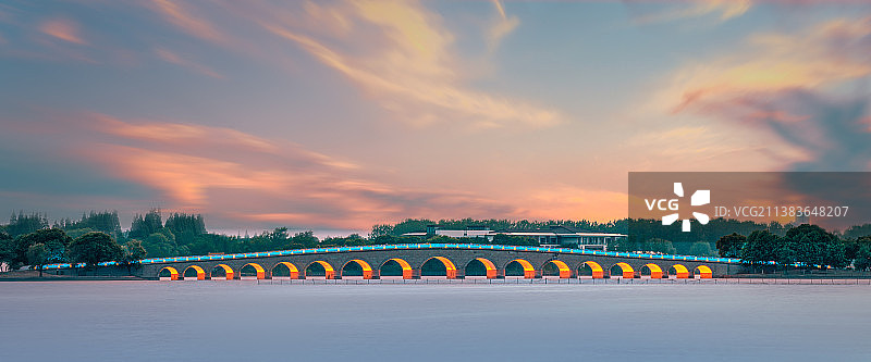 常熟尚湖串月桥日落长曝光图片素材