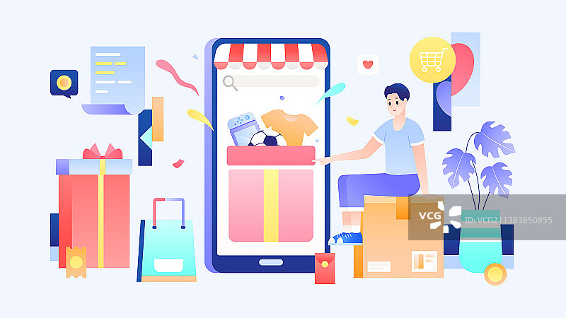 扁平男孩手机购物概念创意插画图片素材