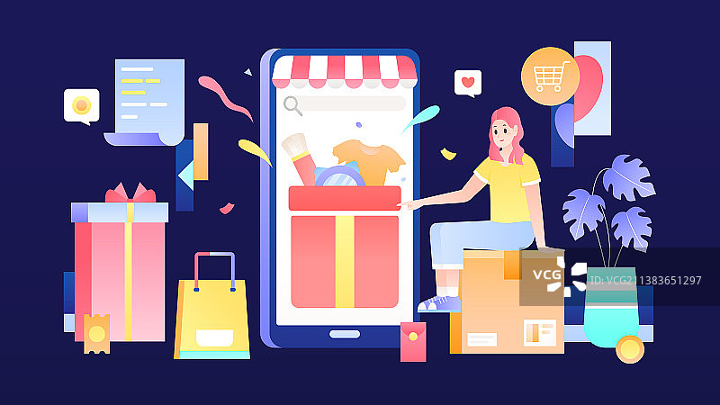 扁平炫酷女孩线上手机购物概念创意插画图片素材