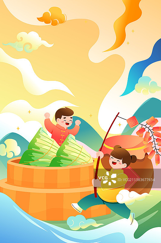 卡通端午节传统节日习俗夏季夏天食品美食餐饮糕点粽子送礼亲子游家庭出游踏青电商促销中国风国潮矢量插画图片素材