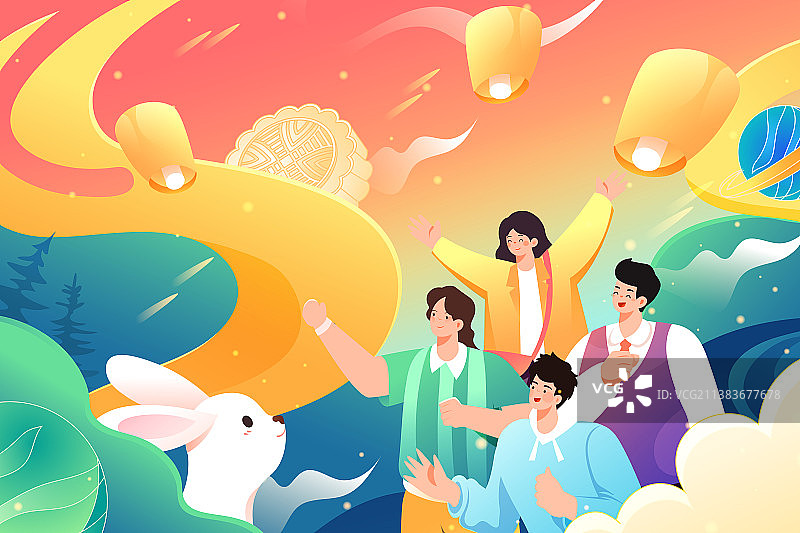 卡通中秋节月饼糕点美食送礼食品兔子中国传统节日习俗佳节亲子家人团圆电商促销风景中国风国潮矢量插画图片素材