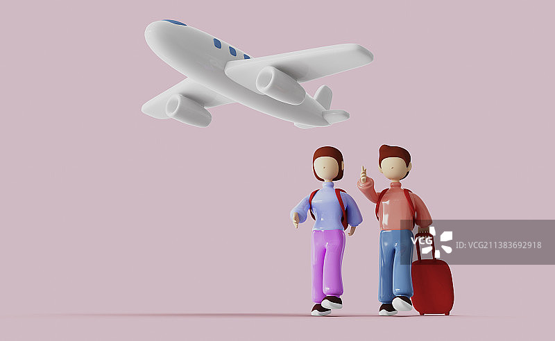 情侣出行和飞机三维插画图片素材