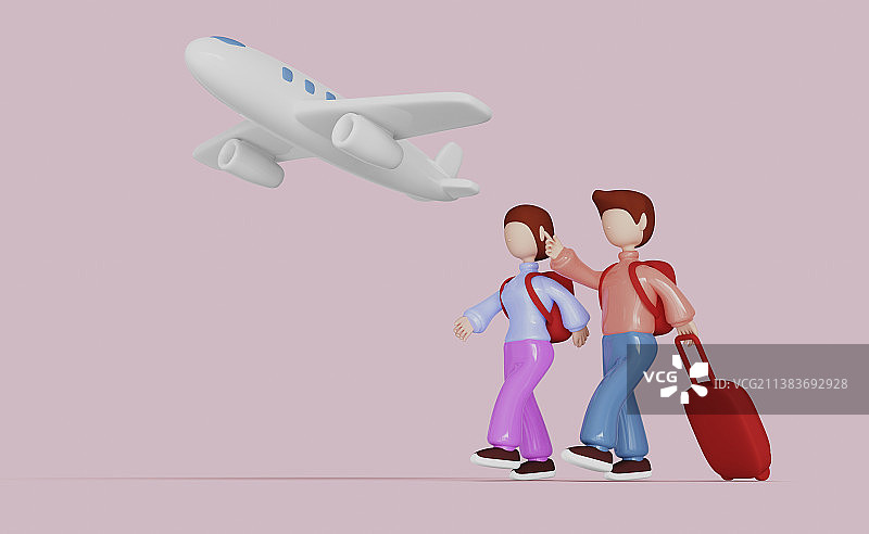 情侣出行和飞机三维插画图片素材