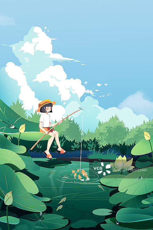 夏天女孩在池塘玩耍插画画面图片素材