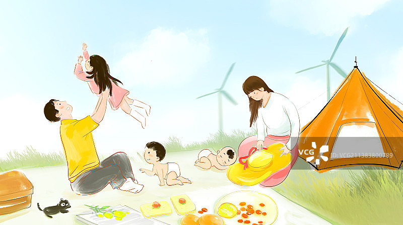 夏天公园家庭露营全家福插画图片素材