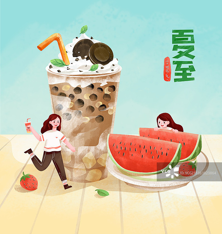 夏季喝奶茶吃西瓜户外场景图片素材