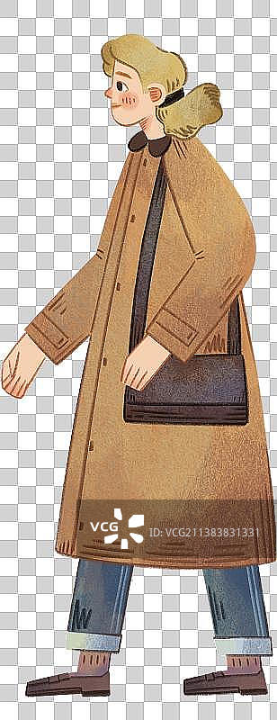 手绘穿着大衣走路的女性图片素材