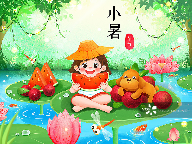 小暑节气吃西瓜杨梅插画图片素材
