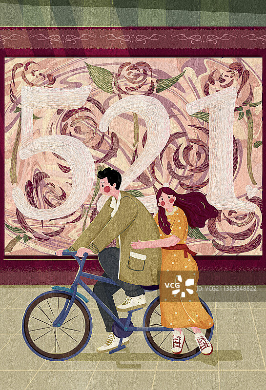 情侣情人节骑自行车复古插图图片素材
