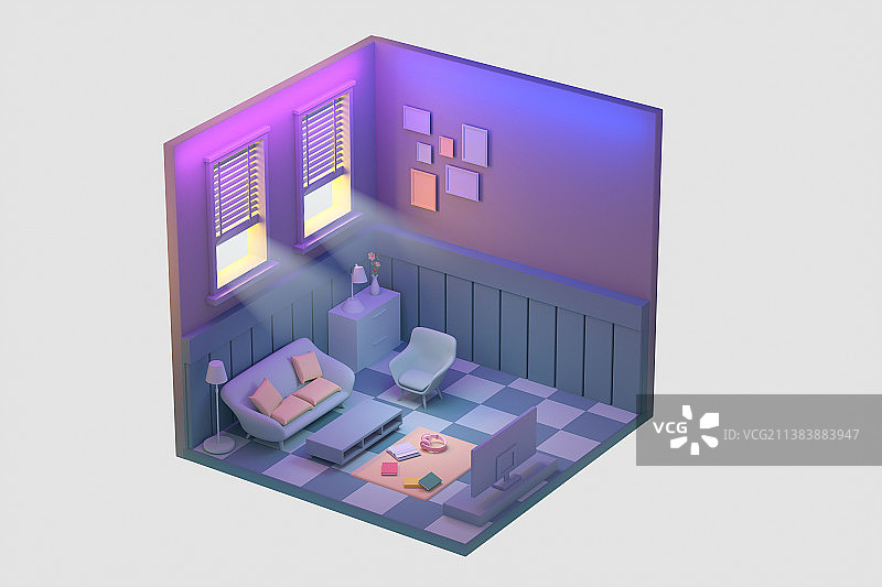 3D渲染的不同光感背景下的微型房间图片素材