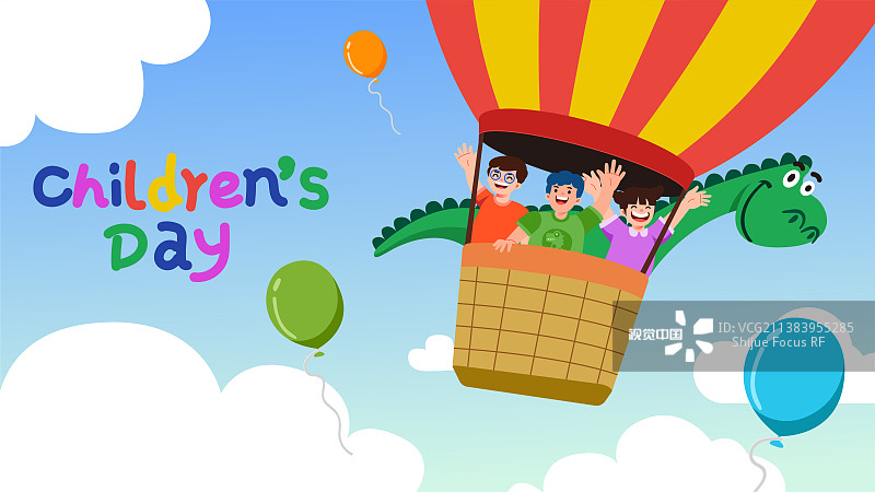 热气球和小孩子儿童节插画图片素材