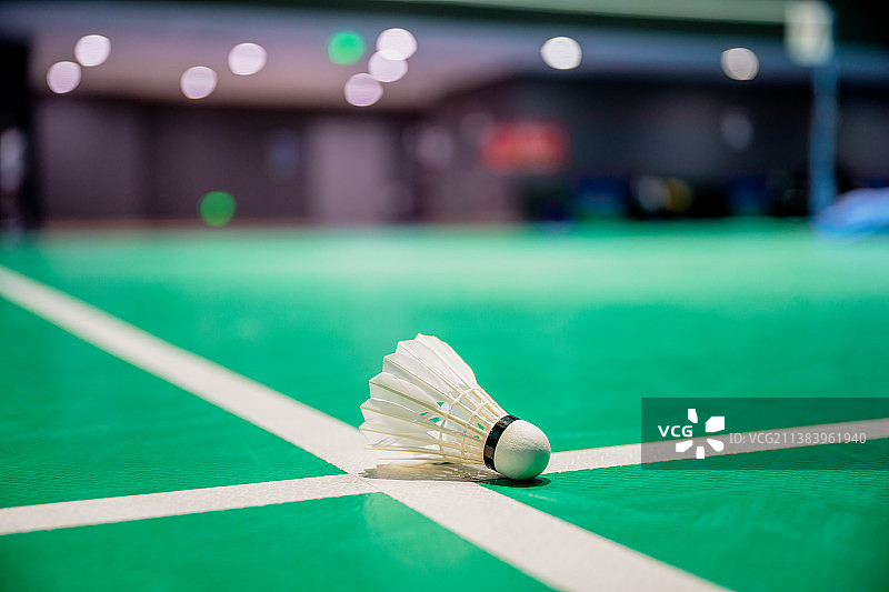 放在明亮整洁的室内羽毛球场地上的羽毛球拍和羽毛球图片素材