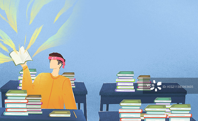 在堆满课本的课室里努力复习备战考试的学生图片素材