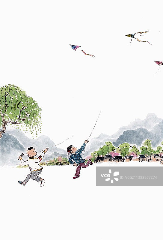 手绘童年主题插画放风筝图片素材