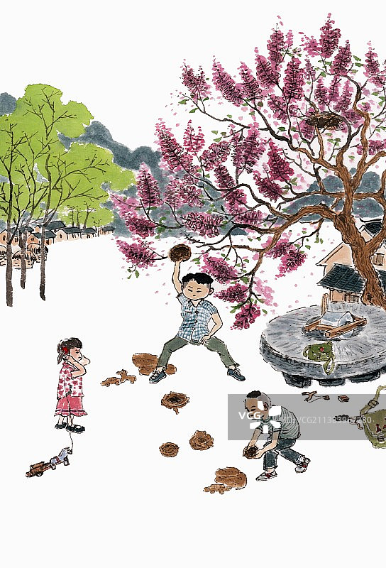 手绘童年主题插画摔泥泡图片素材