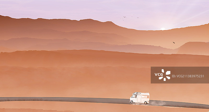 清晨房车在户外旅行欣赏风景插画图片素材