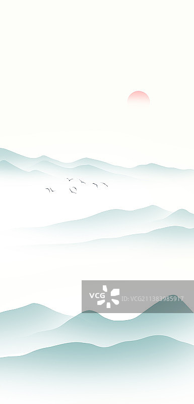 新中式风格山水风景插画图片素材