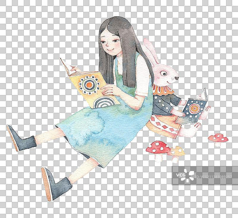 女孩和兔子背靠背看书图片素材
