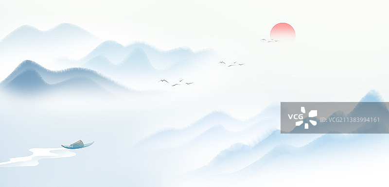 新中式风格山水风景插画图片素材