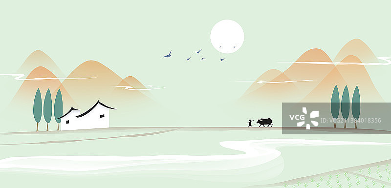 新中式风格山水风景插画图片素材