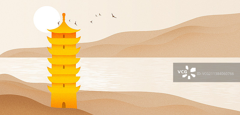 新中式风格山水风景插画图片素材