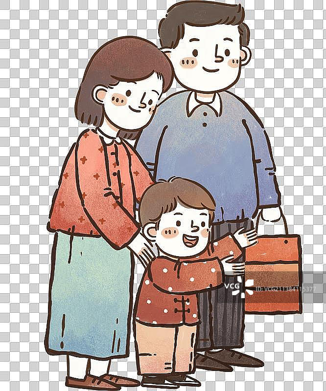 手绘可爱的一家三口拜访亲友图片素材