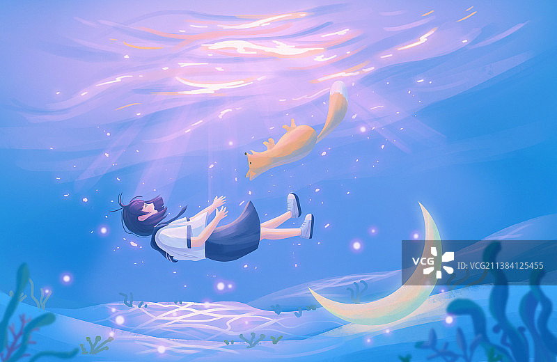 治愈系浪漫唯美女孩下沉海底梦幻插画图片素材