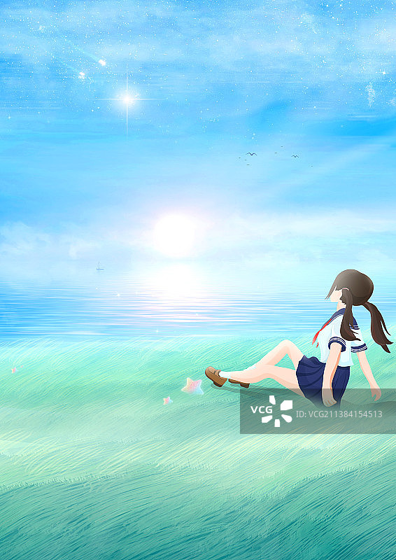 女生躺在岸边看海上日出插画背景图片素材