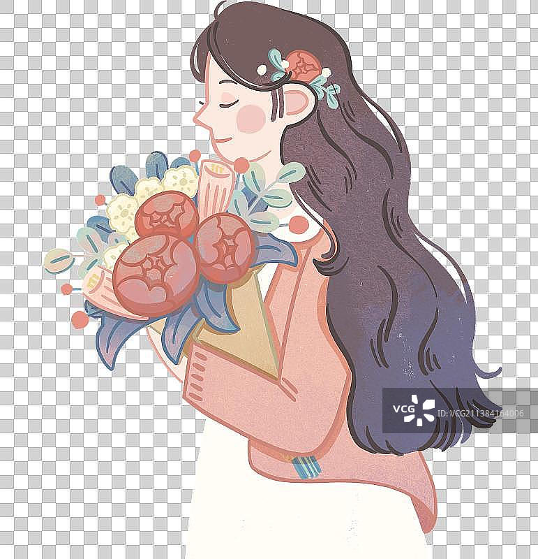 手绘可爱抱着花束的女性图片素材