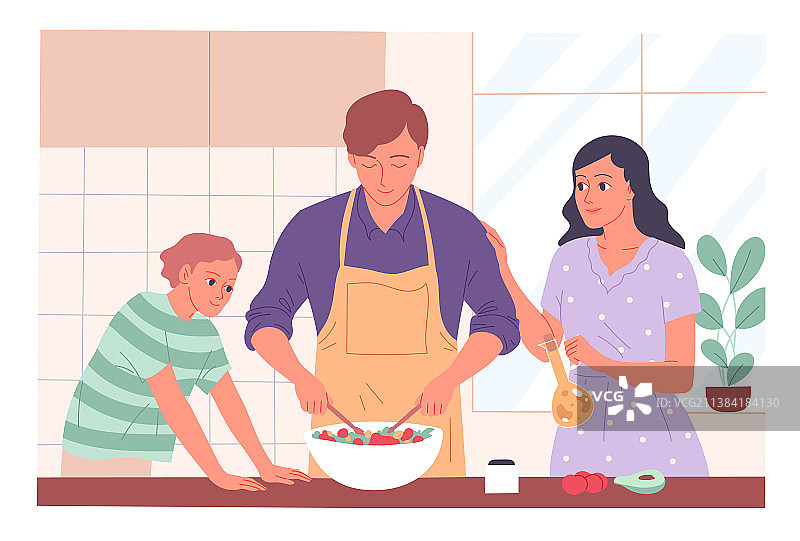厨房里的家庭：男人做沙拉，女人递送图片素材