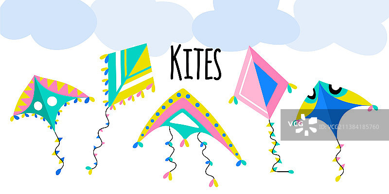 白色隔离背景上的一组彩色风筝图片素材