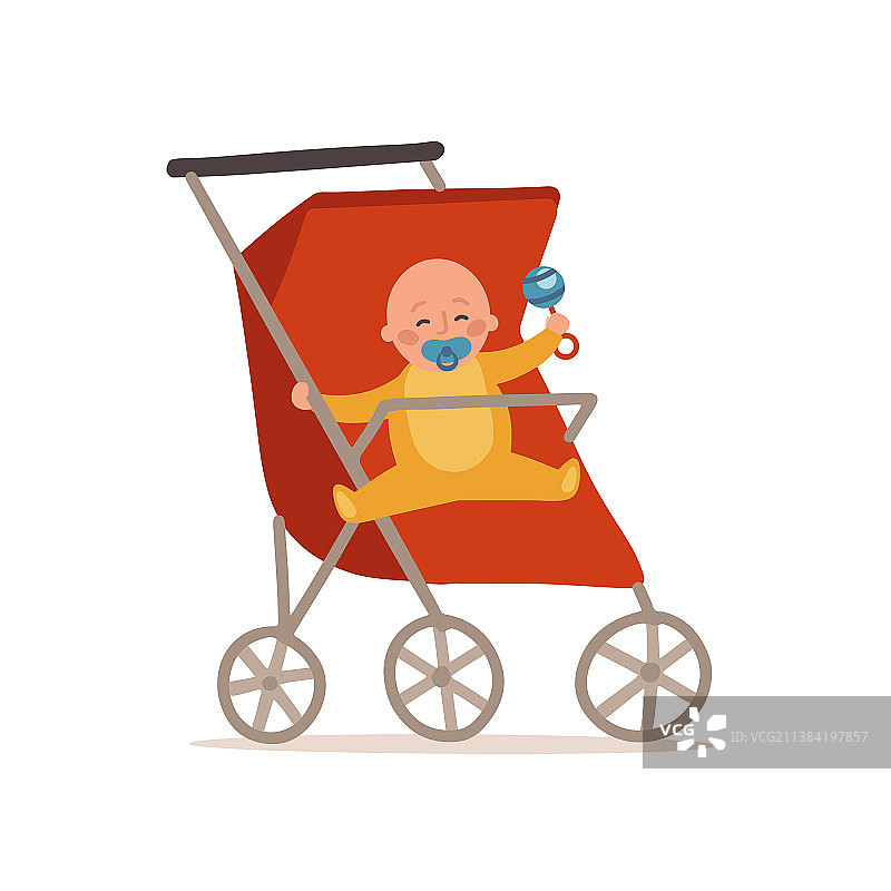 坐在红色婴儿车里的可爱小宝宝图片素材