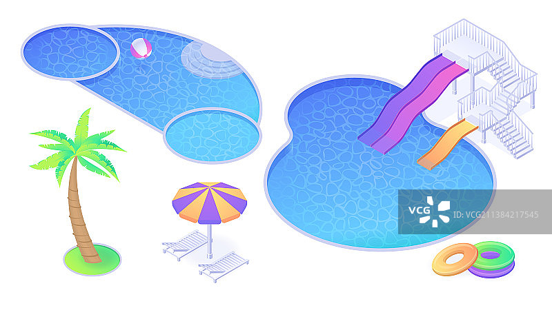 2.5D游泳池滑梯棕榈树套装图片素材