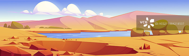 沙漠绿洲中的陨石坑，有河流沙子和植物图片素材