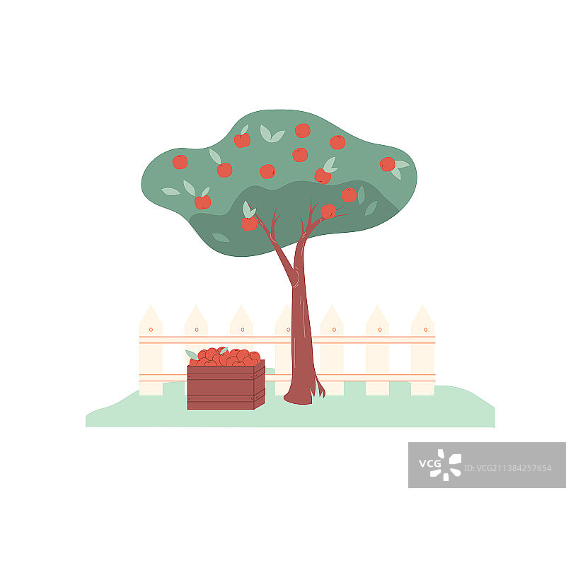扁平卡通苹果树与成熟苹果图片素材