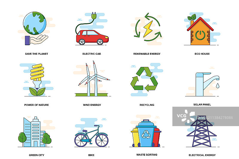 环境可持续性扁平图标集图片素材